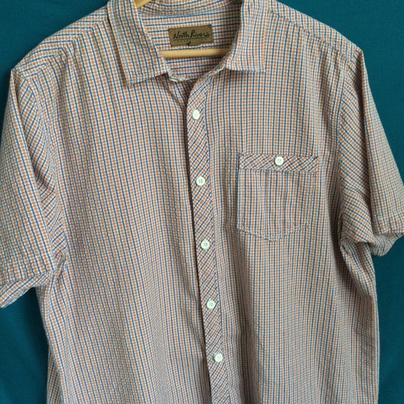 North  River Outfitters XL Checkered Orange Blue Short Sleeve Button up Shirt - Picture 4 of 8